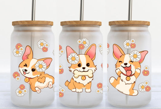 Boho Corgi 16oz Glass Can