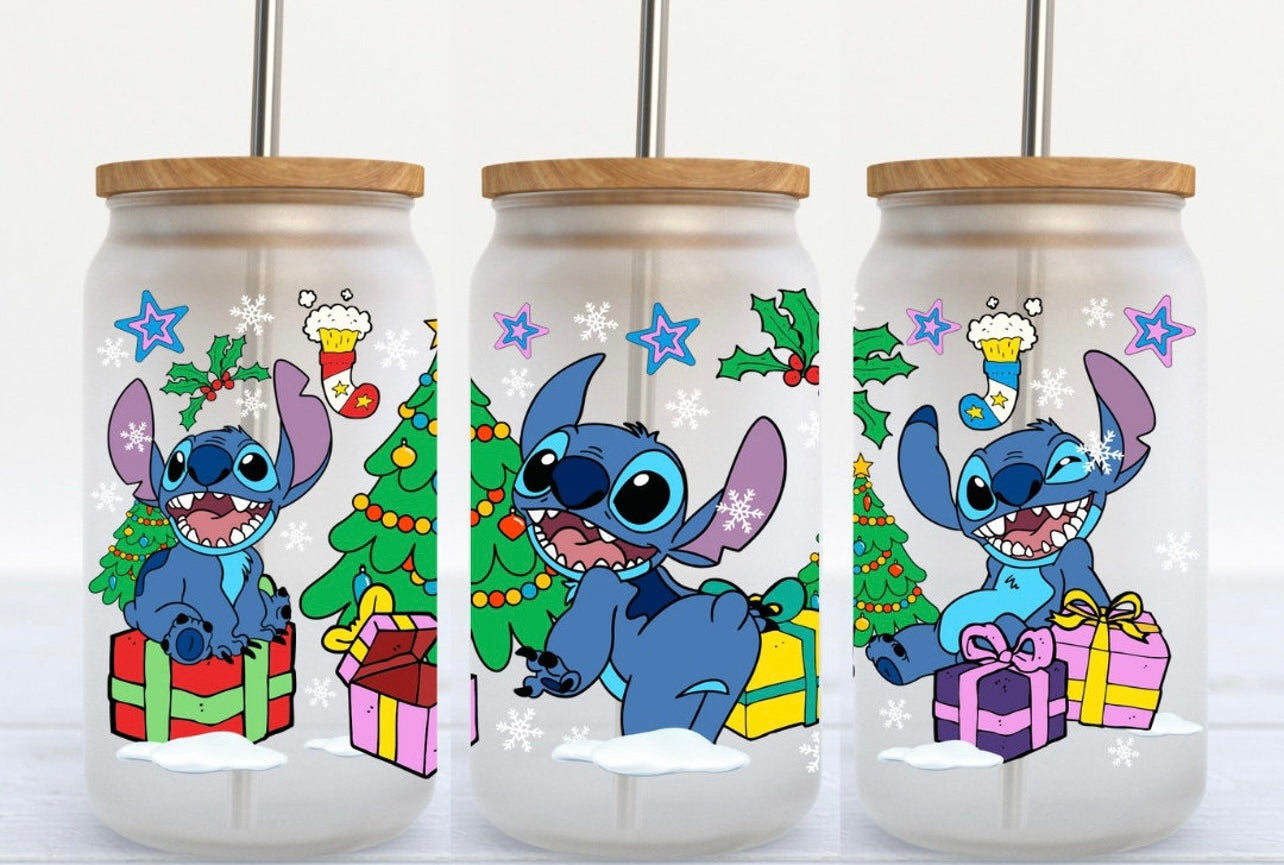 Stitch Christmas 16oz Glass Can