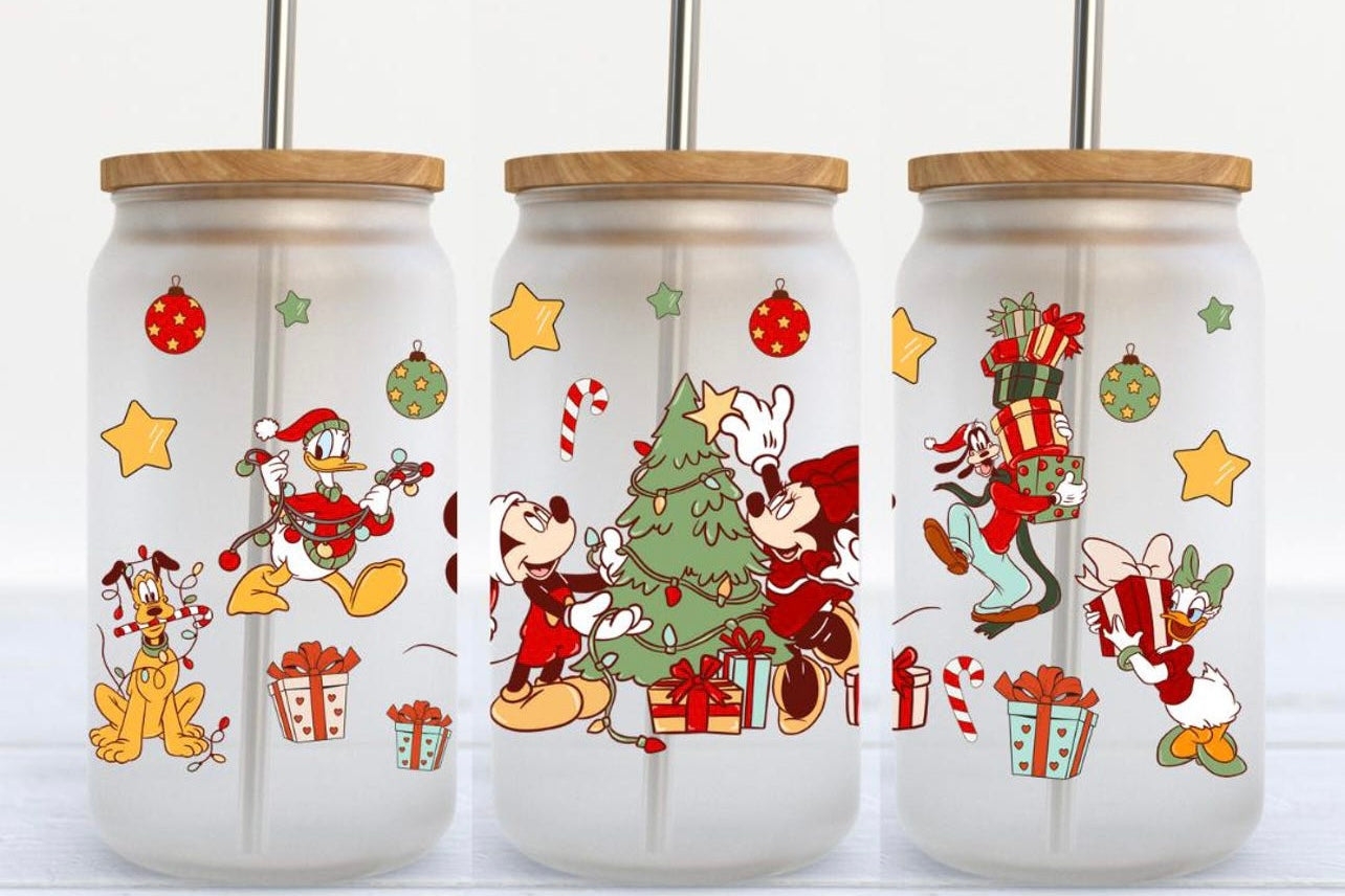 Mouse, duck & dog Christmas 16oz Glass Can