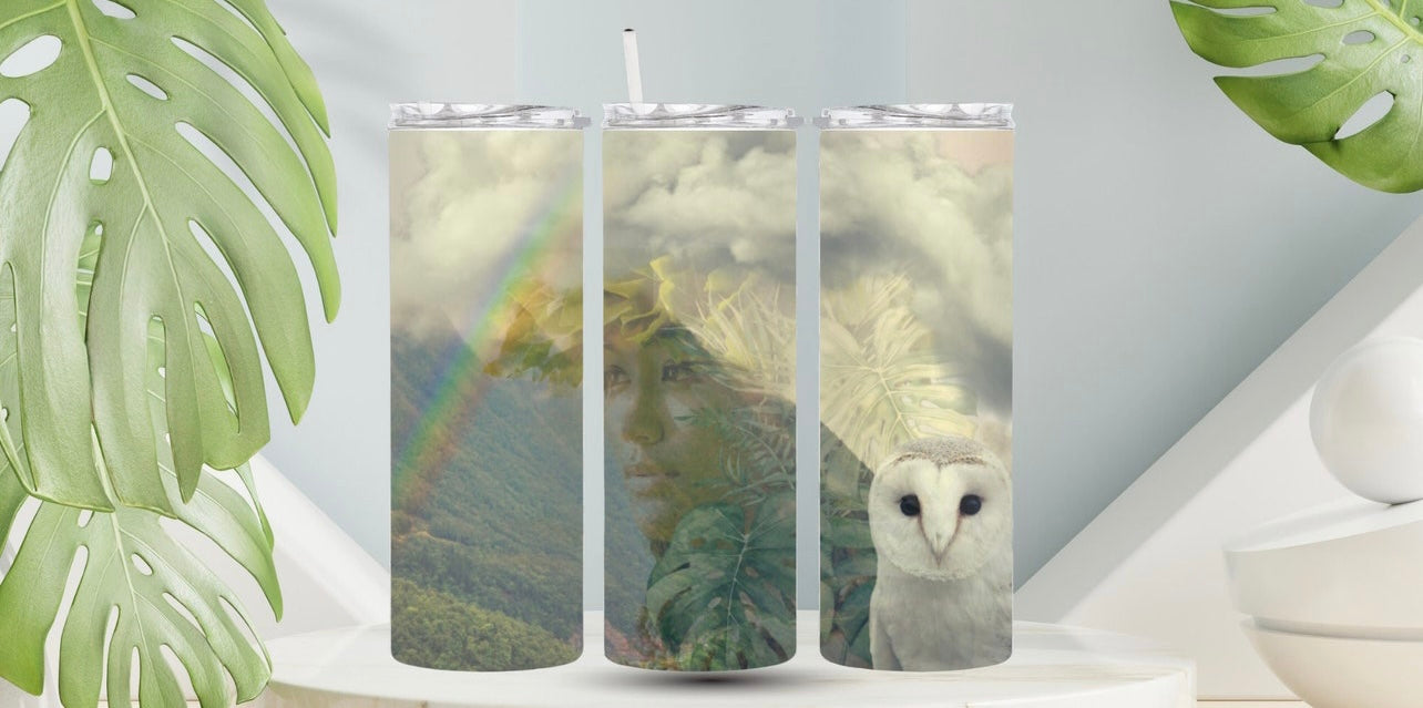 Hawaiian Landscape + Owl + Girl 20oz Tumbler