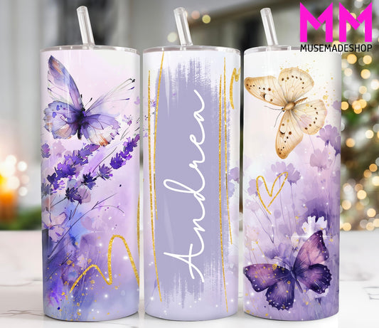 Purple & Gold Butterflies Name Drip 20oz Tumbler