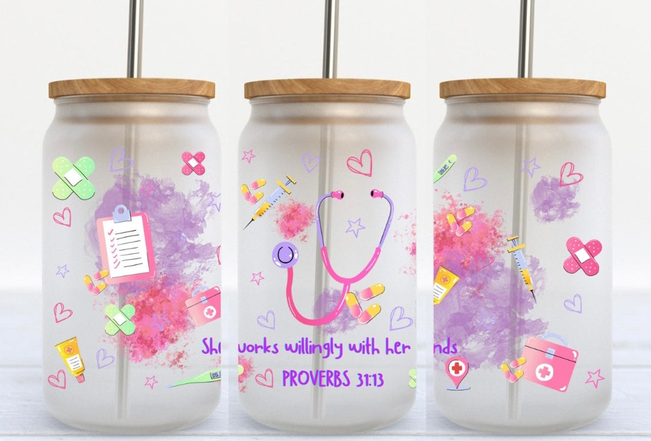 Nurse Scripture 16oz Glass Can