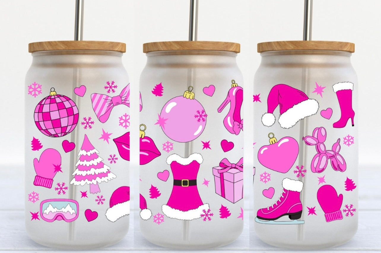 Pink Christmas 16oz Glass Can